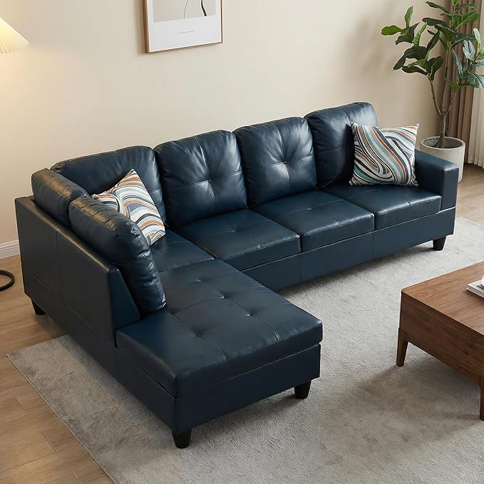 103.5 Inch Modern L-Shaped Couch, PU Leather Sectional Sofa with Chaise Lounge, 4-Seater Couch with Accent Pillows for Living Room, Apartment, Blue