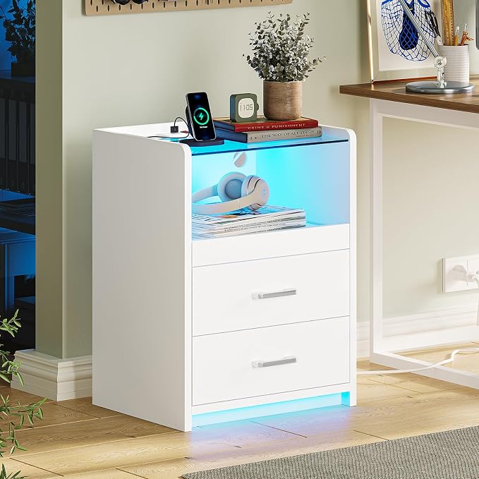 VIAGDO White Nightstand Set of 2 with Charging Station and LED Lights, 2 Drawers LED Night Stand with Tempered Glass Tabletop, Modern End Side Tables with Pull-Out Tray, Open Storage Bedside Tables - Image 8