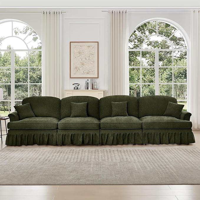 KEIKI Mid Century Modular Sofa with Flared Arms and Skirted Design, 137“ Oversized 4-Seater Luxury Chenille Sectional Couches for Living Room, Soft Comfortable Couch Bedroom Furniture, Green