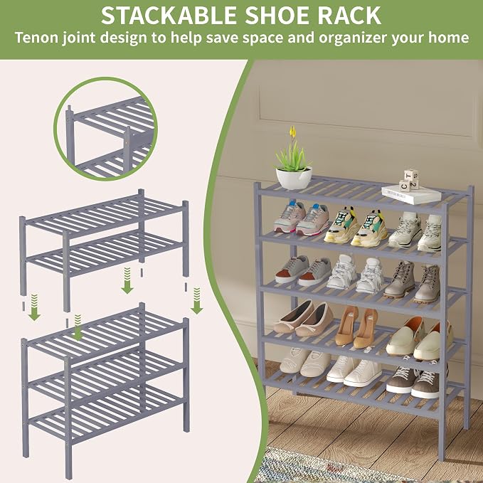 ROMGUAR CRAFT 3 Tier Bamboo Shoe Rack for Closet Free Standing Wood Shoe Shelf Storage Organizer for Entryway Small Space Stackable 27"x11"x20" (Grey) - Image 5
