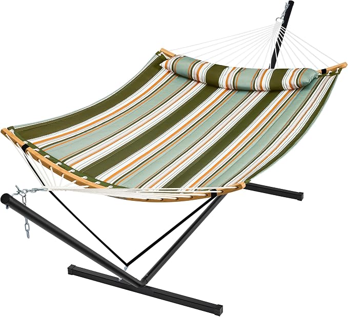 SUPERJARE Hammock with Stand, 2 Person Heavy Duty Hammock with Padded Cotton, Detachable Pillow & Strong Curved-Bar & Portable Carrying Bag, Perfect for Outdoor & Indoor, Retro Green by SUPERJARE