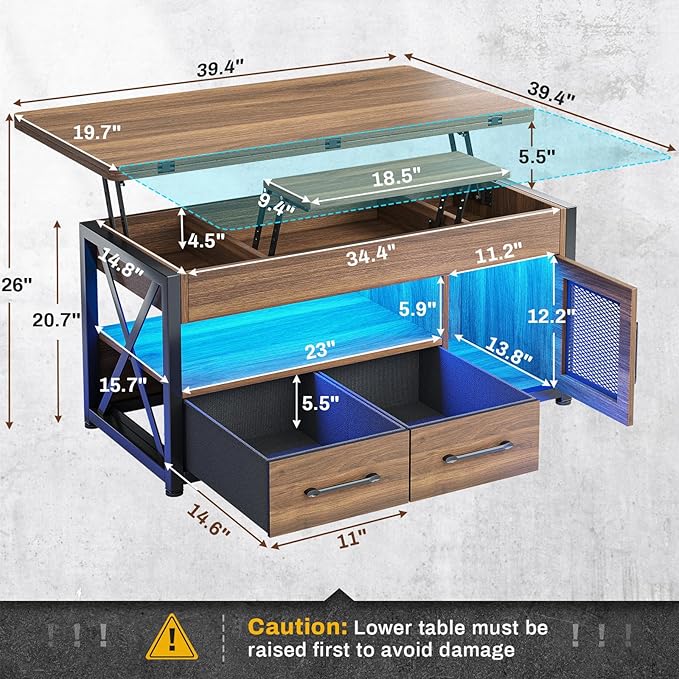 Itaar 40" Lift Top Coffee Table, 4 in 1 Coffee Tables with Storage Cabinet for Living Room, Small Farmhouse Coffee Table with 2 Fabric Drawers & LED Light for Dining Room, Oak Brown