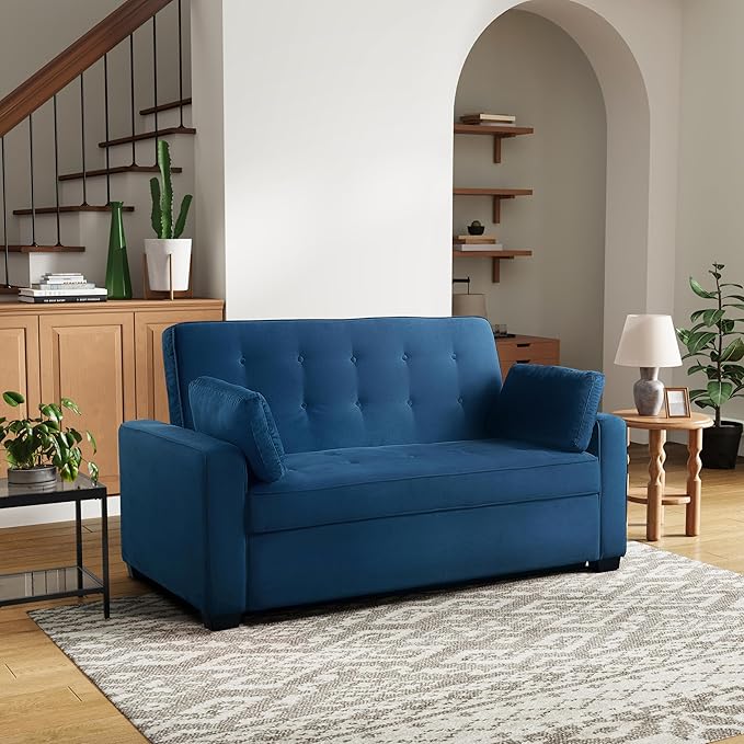 Serta Ainsley 72.6" Convertible Sleeper Sofa, Queen Size, Dreamcoil Comfort, Soft Velvet Fabric, Navy