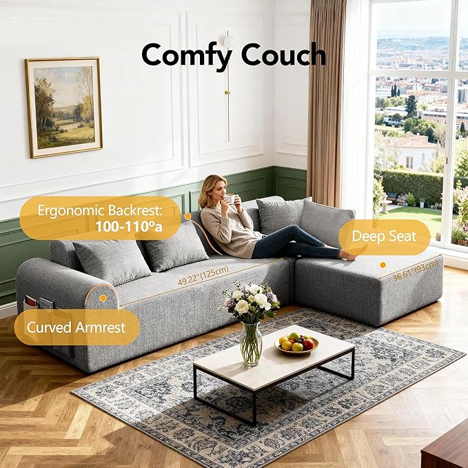 105.5” Cloud Modular Sectional Sofa, No Assembly Deep Seat L-Shaped Chenille Couch with Ottoman & 4 Pillows, 4-Seater for Living Room, Light Grey