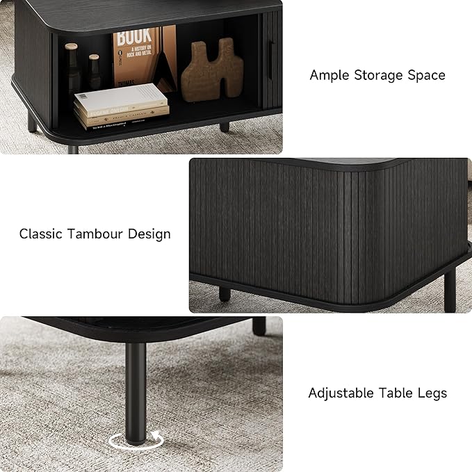 Coffee Table with Storage, 47.2" Mid Century Modern Coffee Tables for Living Room, Rectangle Wood Center Table with Sliding Tambour Door & Adjustable Leg for Living Room, Black