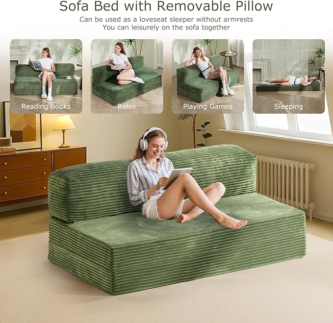 6-inch Folding Mattress Sofa Bed，Convertible Floor Bed & Sleeping Couch with Removable Corduroy Cover & Carry Handles, High-Density Foam (Green, Queen)