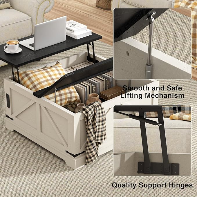 Coffee Table with Storage, Farmhouse Lift Top Wood Square Center Table with Charging Station, Rustic Cocktail Tables with Flip Top Lids for Living Room, Home Office, 35.4" W, White
