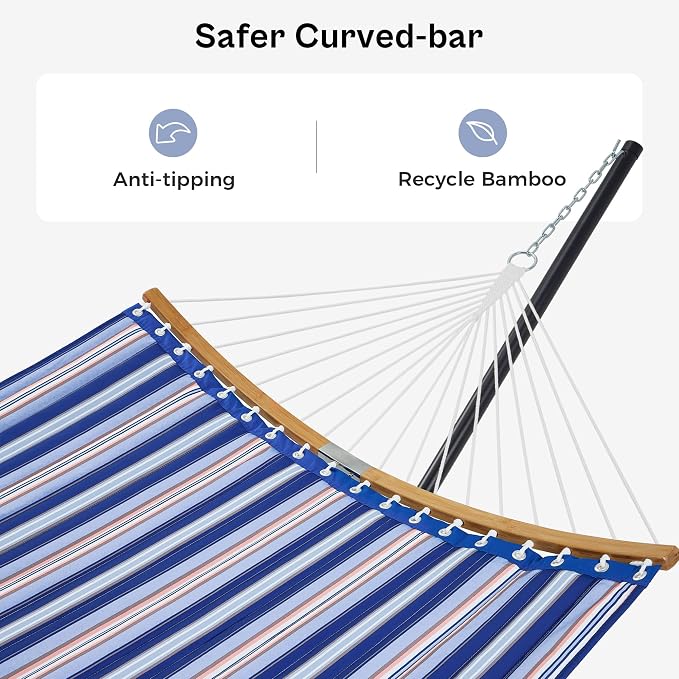 SUPERJARE Hammock with Stand, 2 Person Heavy Duty Hammock with Padded Cotton, Detachable Pillow & Strong Curved-Bar & Portable Carrying Bag, Perfect for Outdoor & Indoor, Navy Blue Stripe - Image 7