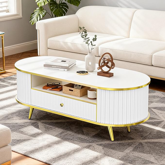 47" Fluted Coffee Table with LED Lights & Storage - Luxury Modern Oval Center Table for Living Room, Coffe Tables with Drawers, Curved Profile Design, Gold Metal Decor, White