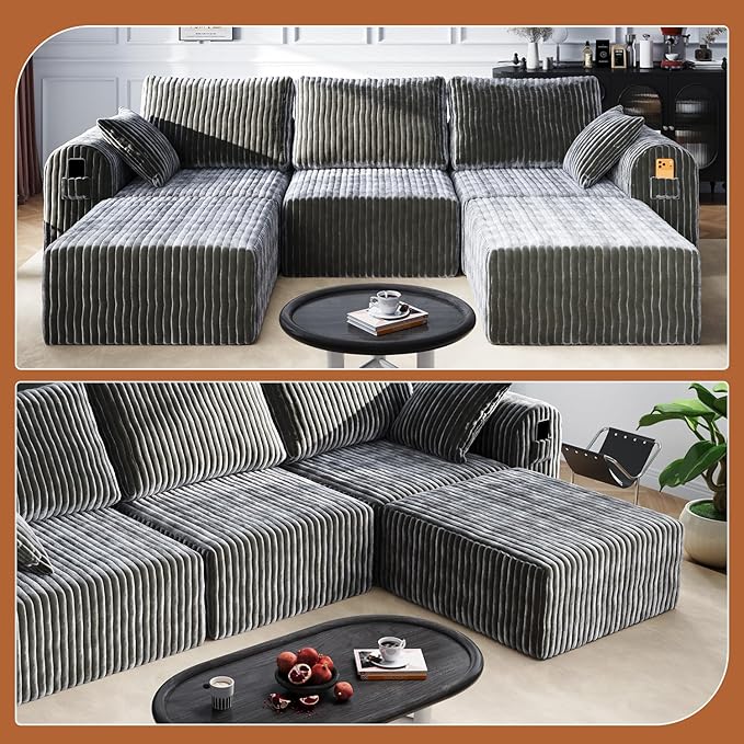 106" Boneless Couches for Living Room, Modular Sectional Sofa, L-Shape Sofa Couches,Cloud Couch Sectional, Comfy Corduroy Sofa, with Deep Seat, No Assembly Required (Gray, 1 Ottoman)