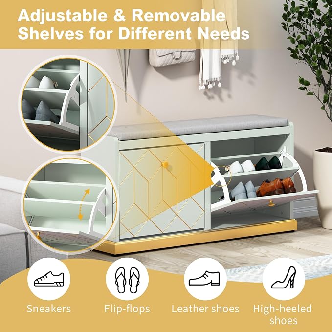 HLR Shoe Bench with Storage, Modern Entryway Bench with 2 Flip Drawer & Padded Cushion Seat, Shoes Storage Bench for Hallway, Closet, Living Room, Green Shoe Storage Cabinet with Bench - Image 5