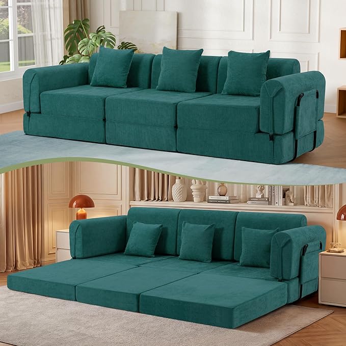 100" Convertible Sleeper Sofa Bed, Oversized Modular Sectional Cloud Sofa with Fixed-Shape Frame & Tabletop, Boneless Couch with Storage Pocket for Living Room, No Assembly Required, Green