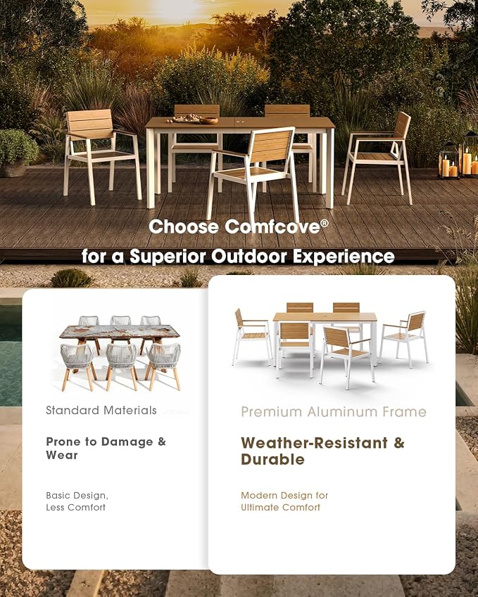 Outdoor Dining Set for 6, Aluminum Patio HDPS Outdooor Table and Chairs Set with Umbrella Hole, All Weather Patio Furniture Set, 7 Peice Patio Dining Table Set (White & Teak) - Image 6