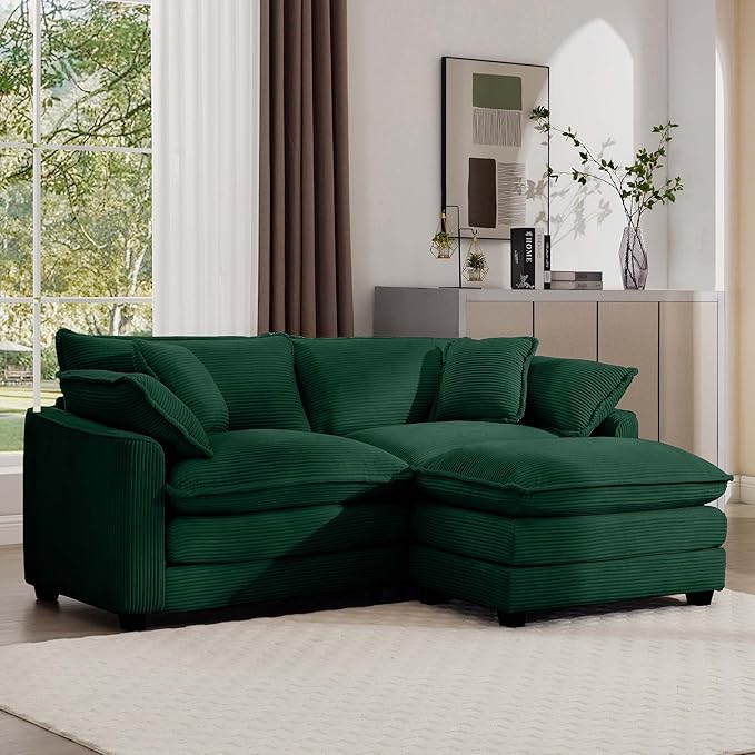KEIKI 80" L-Shaped Oversized Corduroy Modular Sectional Loveseat Sofa with 1 Ottoman, High-Density Foam Cushions, Removable Armrests, Upholstered 2-Seater Couch with 4 Pillow, for Living Room, Green