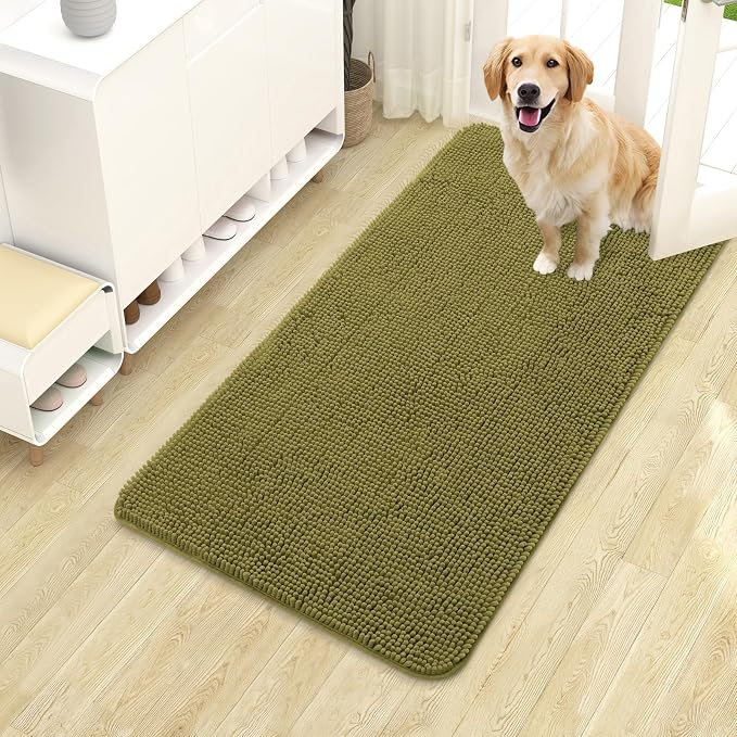 OLANLY Dog Door Mat for Muddy Paws 40x24, Absorbs Moisture and Dirt, Absorbent Non-Slip Washable Doormat, Quick Dry Chenille Mud Mat, Entry Indoor Entryway Carpet for Inside Floor, Willow Green by OLANLY
