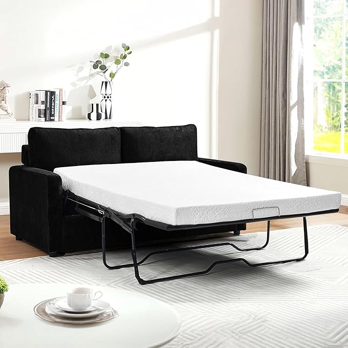 Reversible Sleeper Sofa Bed with Comfortable Memory Foam Mattress, Convertible Corduroy Full Size Pull Out Couch for Living Room, Space Saving Furniture, 70" Wide, Rectangular Arms, Black