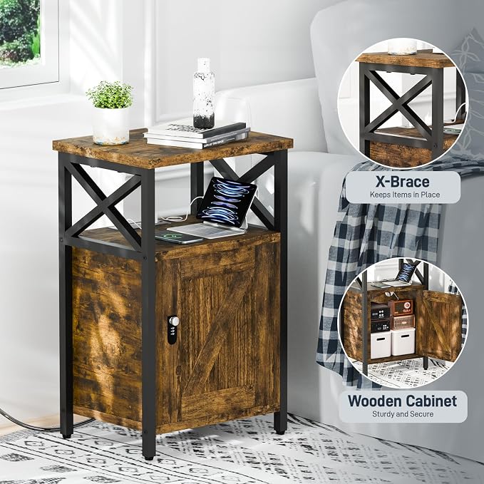 runjuly Wooden Nightstand with Lock, Bedside Table with Drawer, Bed Side Table with Charging Station, 3 USB & 2 Outlets, Night Stand with Storage Cabinet, End Table for Bedroom, Brown - Image 6