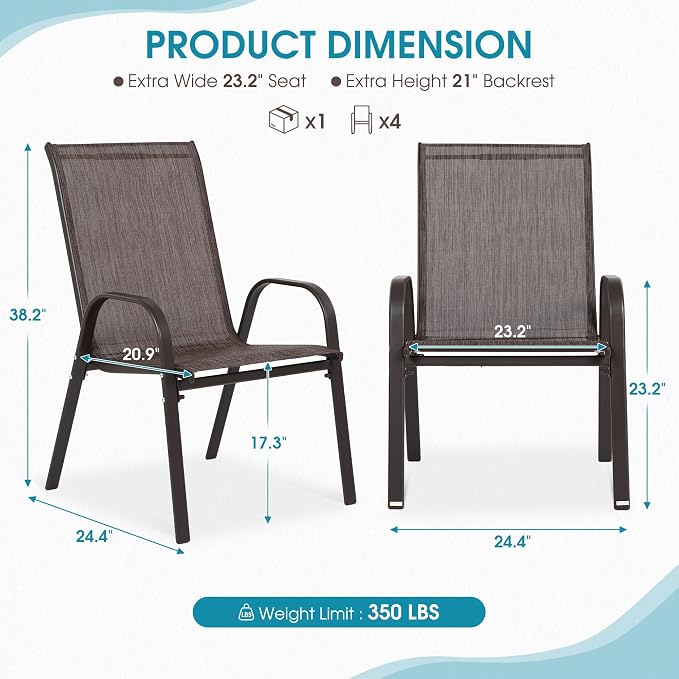 Wider Outdoor Stackable Chairs Set of 4, Stacking Patio Chairs with Textilene Fabric, Outside Furniture for Garden Backyard Balconie Poolside Deck, Brown - Image 3