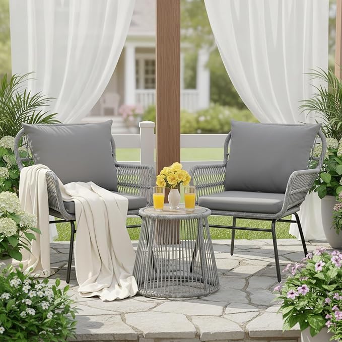 Bezseller 3-Piece Outdoor Patio Set - 20" Wide Seating w/ 2" Thick Cushions, 14.2" Seat Height - Modern Boho Furniture for Gardens, Balcony & Apartments