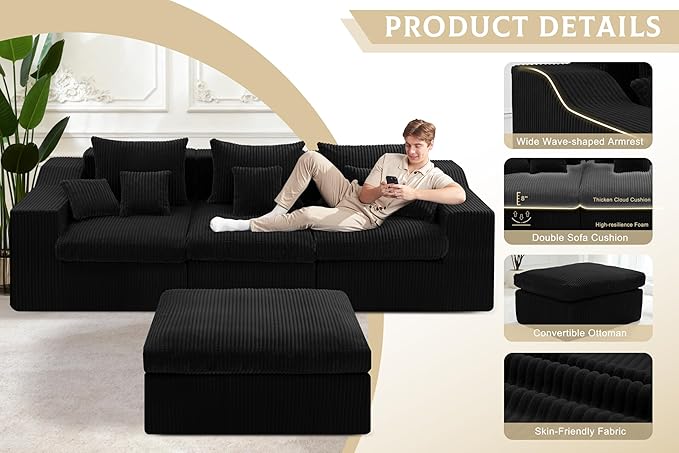 101" Modular Couch Sectionals with Ottoman, Big Comfy Cloud Couches, L Shaped 4 Seat Modular Sectional Sofa, Sectional Double Cushion Couches with Deep Seat for Living Room,No Assembly Required(Black)