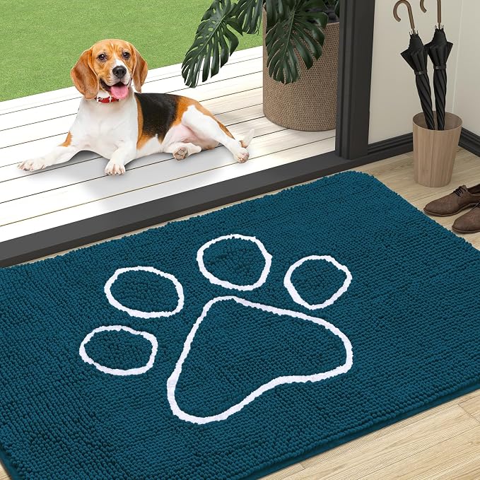 OLANLY Dog Door Mat for Muddy Paws 47x32, Paw Print Design, Absorbs Moisture and Dirt, Absorbent Non-Slip Washable Doormat, Quick Dry Chenille Mud Mat, Entry Indoor Entryway Carpet, Atlantic Blue by OLANLY
