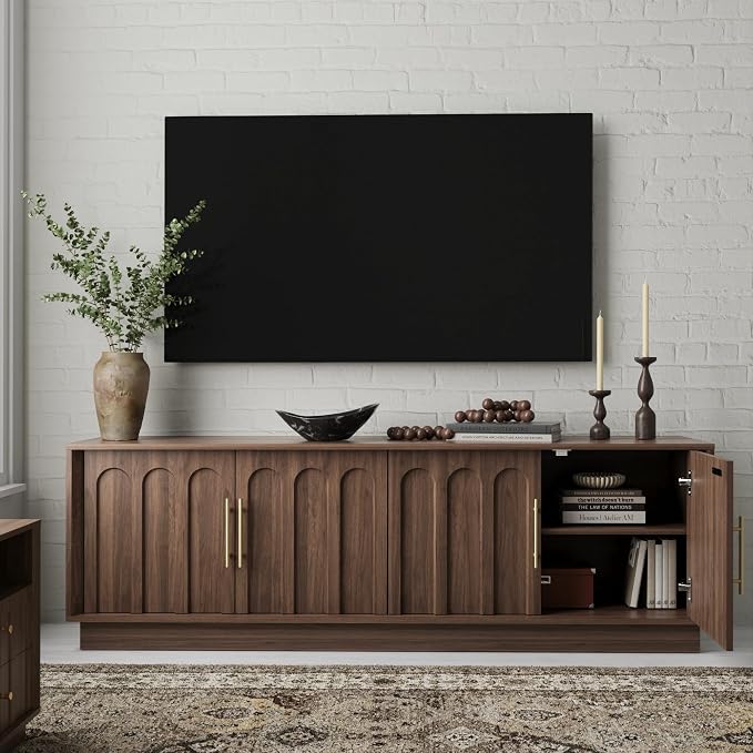 FORTUNETEC TV Stand for 75 Inch TV, Mid Century Modern TV Stand with Arched Design, Wood Grain Finish, Media Console with Adjustable Shelves, 67" Entertainment Center for Living Room Bedroom, Walnut - Image 6