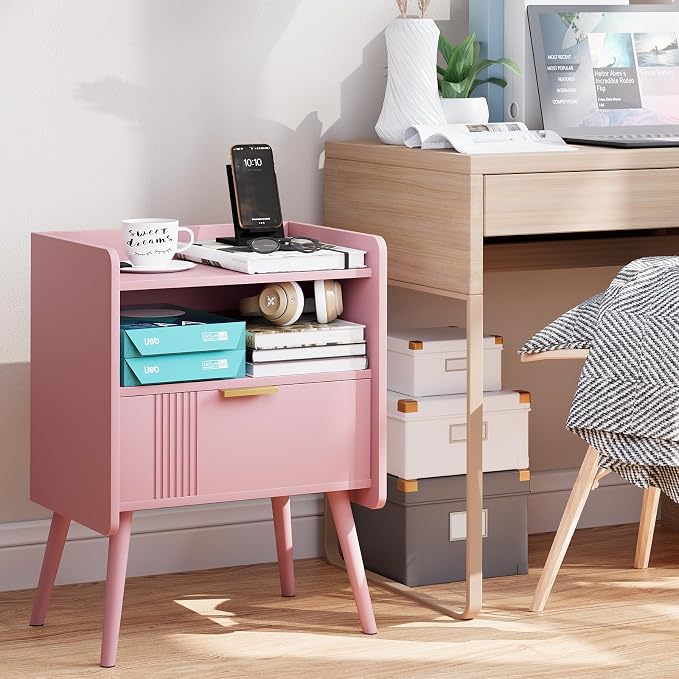Aenuert Night Stand Modern End Table with Storage Drawer and Open Shelf, Small Bedside Stand, Wooden Sofa Side Table for Bedroom,Study Room and Small Spaces (Pink) - Image 7