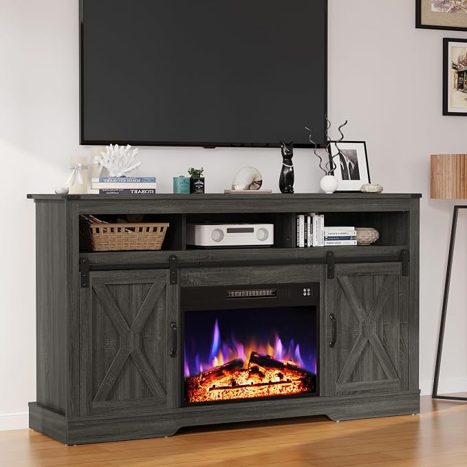 RoyalCraft Fireplace TV Stand for 65+ Inch TV, 34" Tall Farmhouse Entertainment Center with 23" Electric Fireplace,Rustic Media Console with Sliding Bar Door for Living Room, Grey by Bringyoubetterlife