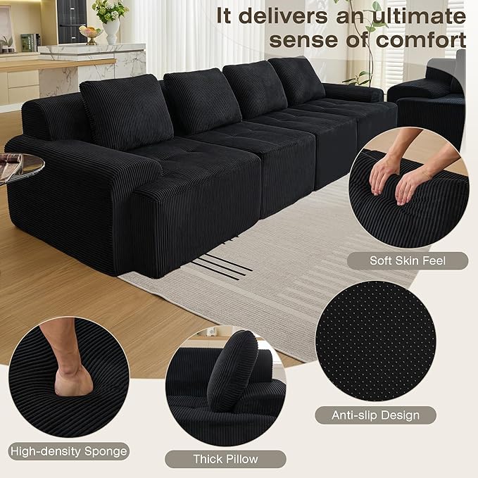 Modular Sectional Sofa, 6 Seat Modular Couch, Modular Sofa with Deep Seat and Detachable Pillow (Black, 8 Pieces-Rowshape 2 Side)