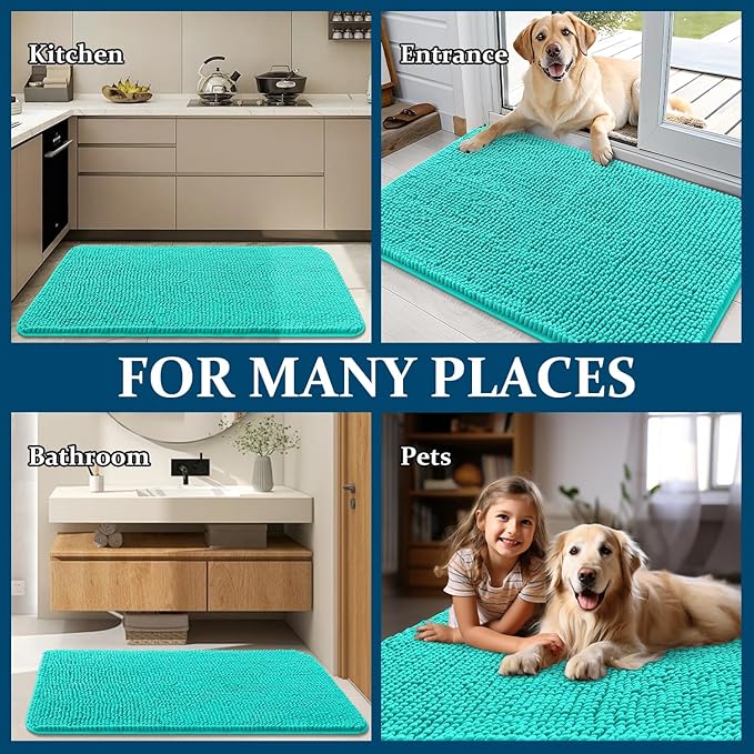 OLANLY Dog Door Mat for Muddy Paws 30x17, Absorbs Moisture and Dirt, Absorbent Non-Slip Washable Doormat, Quick Dry Chenille Mud Mat for Dogs, Entry Indoor Entryway Carpet for Inside Floor, Teal - Image 8