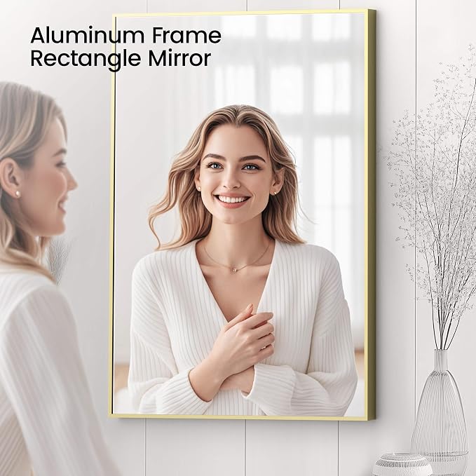 KIBI 24" x 36" Shatterproof Wall Mount Metal Frame Mirror – Horizontal or Vertical Hanging, Modern Rectangular Vanity Mirror for Bathroom, Entryway, or Living Room (Brushed Gold, FM1-2436BG) - Image 6