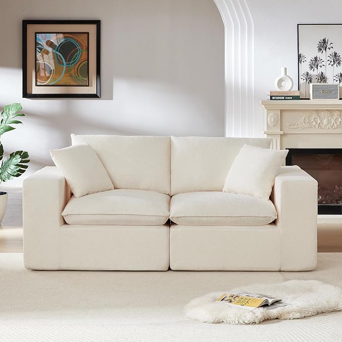 Ball & Cast Modular Loveseat Cloud Sofa,79'' Chenille Sectional Couch with Wider Armrest and Pillow,2 Seat Upholstered Convertible Comfy Love seat Chenille Sofa Couches for Living Room,White