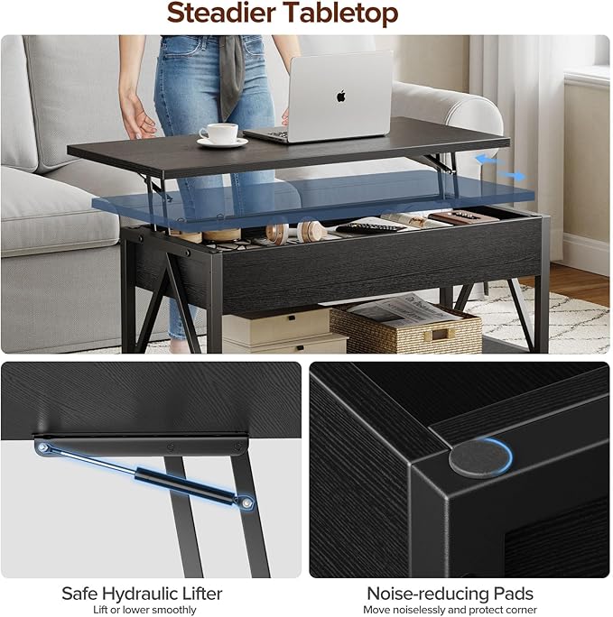 Lift Top Coffee Table,Lift Coffee Tables with Storage Shelf and Large Hidden Compartment for Living Room,Lift Tabletop Dining Center Table for Small Space, Black