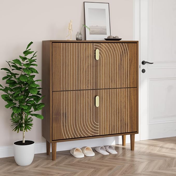 Smuxee Shoe Cabinet with 2 Flip Drawers, 31.5" Walnut Hidden Shoe Storage Cabinet with Line Groove Design, Freestanding Shoe Organizer Cabinet for Hallway, Entryway, Living Room by Smuxee