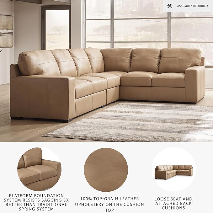 Signature Design by Ashley Bandon Modern Leather Match Right-Arm Facing 3-Piece Sectional with Removable Cushions and Armrest, Light Brown