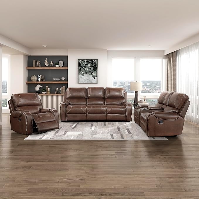 Lexicon Monet 3-Piece Manual Reclining Living Room Sofa Set, Brown
