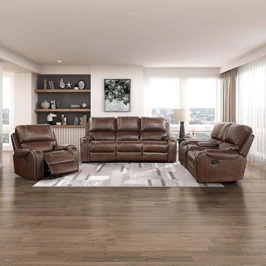 Lexicon Monet 3-Piece Manual Reclining Living Room Sofa Set, Brown