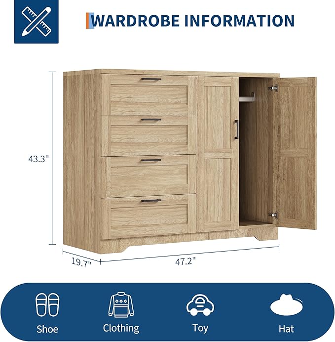 IDEALHOUSE 43.3'' H Armoire Wardrobe Closet with 4 Drawers and 2 Doors, Hanging Rod, Multifunctional Wooden Dresser with Storage Closet, Bathroom Cabinet for Bedroom, Natural Oak
