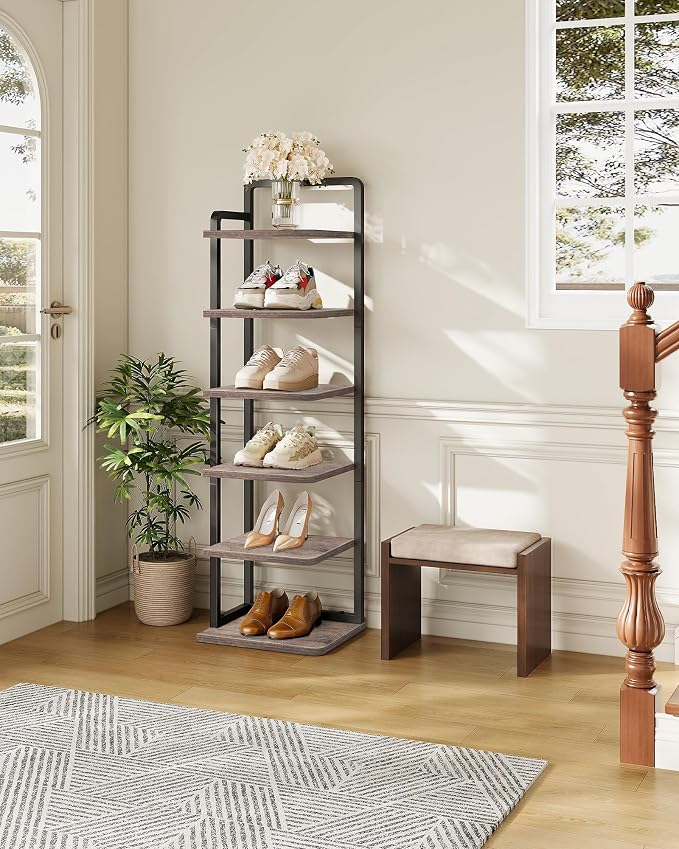 CHOEZON 6-Tier Vertical Shoe Rack, Narrow Shoe Tower, Corner Shoe Storage Organizer, Shoe Shelf, for Small Spaces, Industrial Style, for Entryway, Hallway, Living Room, Greige and Black TXJ06BG - Image 2