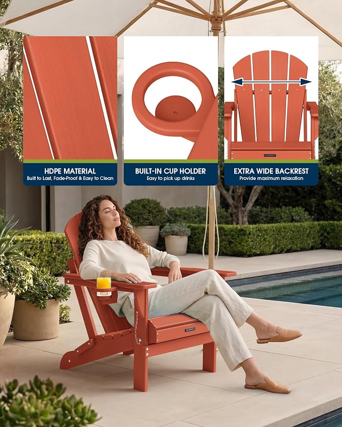 MUCHENGHY Folding Adirondack Chairs, Patio Chairs, Lawn Chairs, Outdoor Chair, Adirondack Chair Plastic, Fire Pit, Weather Resistant with Cup Holder for Deck, Backyard, Garden(Orange) - Image 8