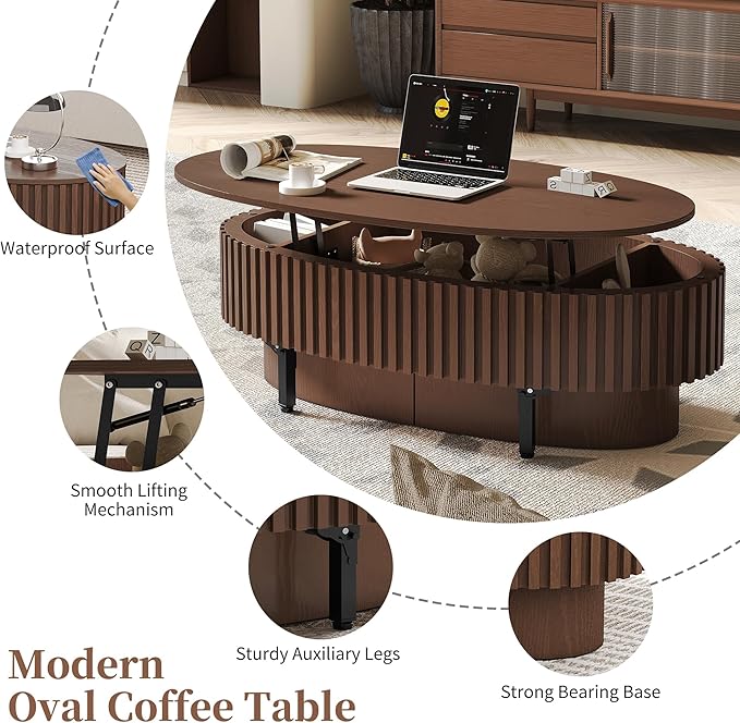 Oval Lift Top Coffee Table with Storage, Mid Century Modern Center Table with Hidden Compartment for Living Room, Lift Tabletop Fluted Wood Dining Table for Home Office - Walnut
