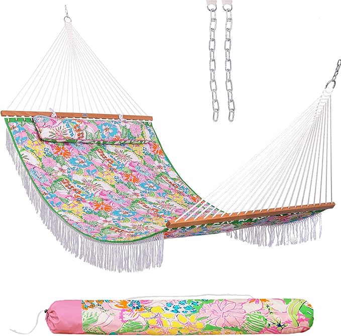 Lazy Daze Hammocks 12 FT Double Quilted Fabric Hammock with Extra Large Soft Pillow and Carrying Bag, 2 Person Outdoor Hammock with Spread Bar and Elegant Tassels, Heavy Duty 450 lbs Capacity, Floral by LazyDazeHammocks