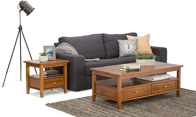 SIMPLIHOME Warm Shaker Coffee Table - 48 inch Wide Solid Wood Coffee Table in Light Golden Brown, Transitional Living Room Table with 2 Drawers, Open Shelf, Shaker Fronts and Tapered Legs