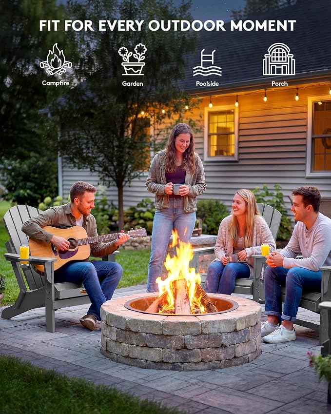 SERWALL Folding Adirondack Chair Set of 6, Weather Resistant HIPS Lawn Chairs with Cup Holder for Patio Garden Outdoors Fire Pit- Spanish Gray - Image 8