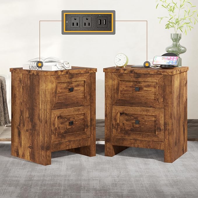 AMERLIFE Nightstand Set of 2 with Charging Station, Rustic Bedside Table with Drawers Storage, Farmhouse Wood Night Stand for Bedroom, Rustic Brown by AMERLIFE
