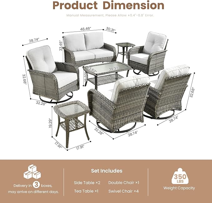 8 Pieces Outdoor Patio Furniture Sets, High Back Swivel Rocker Chairs Loveseat Sofa Coffee Table, All Weather Wicker Conversation Set for Deck Backyard Porch Poolside, Light Gray