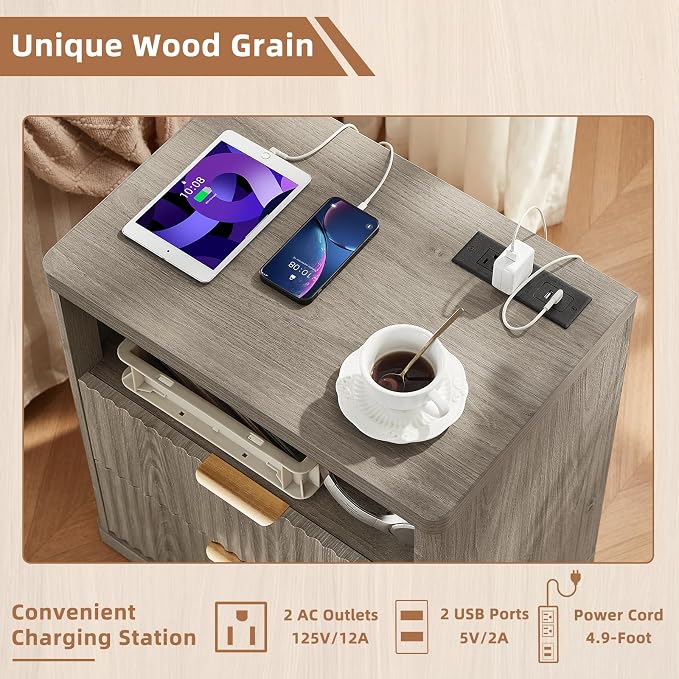 LEYAOYAO Fluted Farmhouse Nightstand Set of 2 with Charging Station, 23" Wide 2 Drawers End Table,Grey Dresser for Bedroom,Bed Side Table Chest of Drawers Cabinet,Wood Night Stand for Living Room - Image 8