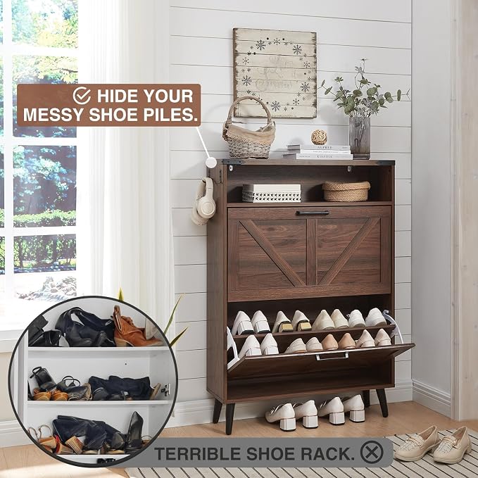 Barnyatoh Shoe Storage Cabinet,Farmhouse Shoe Organizer with 2 Flip Drawers & Barn Door Design,Freestanding Hidden Slim Narrow Shoe Rack Cabinet with Open Storage for Entryway, Foyer,Hallway, Walnut - Image 3