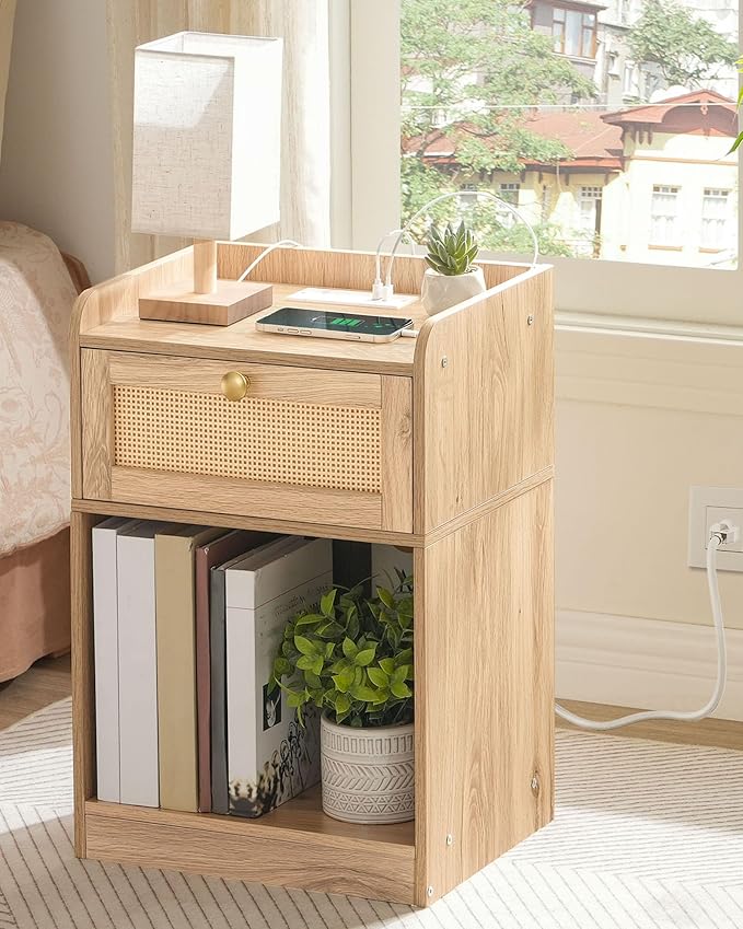 CHOEZON Nightstand with Charging Station, Side Table with Rattan-Style Drawer and Storage Shelf, Modern Rattan Night Stand with 2 USB Ports, Boho End Table Bedside Table for Bedroom, Natural MBZ01UWO by Choezon