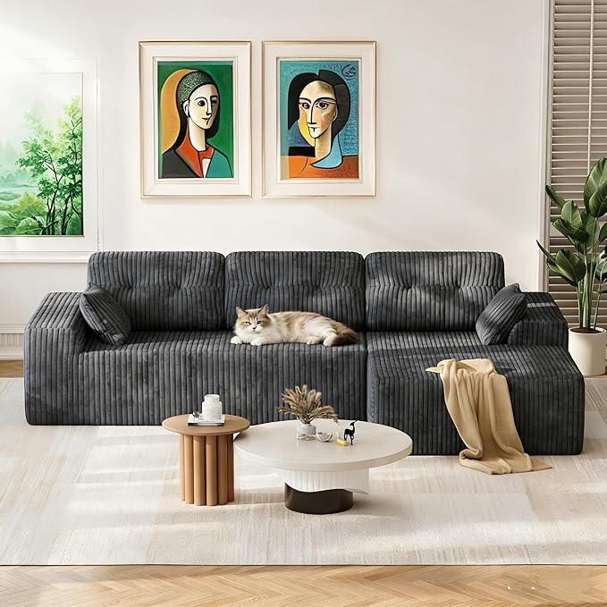 Ball & Cast Cloud Couch Sectional with L-Shaped Chaise,106''Corduroy Upholstered Modular Sectional Sofa,Deep Seat Sectional Couches for Living Room,No Assembly Required,Right Facing Chaise (Grey)